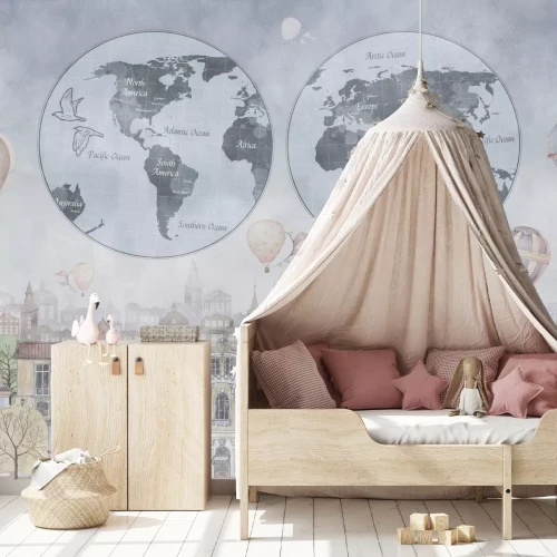 Fotobehang Wereldkaart en ballonnen boven kleurrijke huizen illustratie