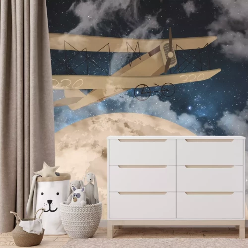 Fotobehang Een vliegtuig tegen de hemel met de maan en de sterren