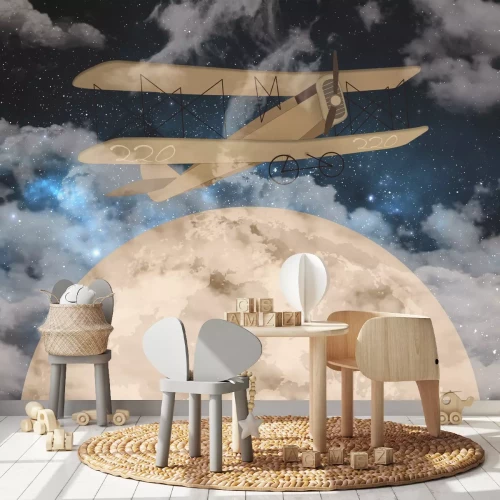 Fotobehang Een vliegtuig tegen de hemel met de maan en de sterren