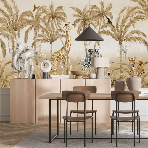 Fotobehang Safari dieren en palmbomen kinderpatroon