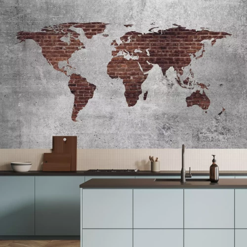Fotobehang Rode bakstenen wereldkaart op een gestructureerde achtergrond