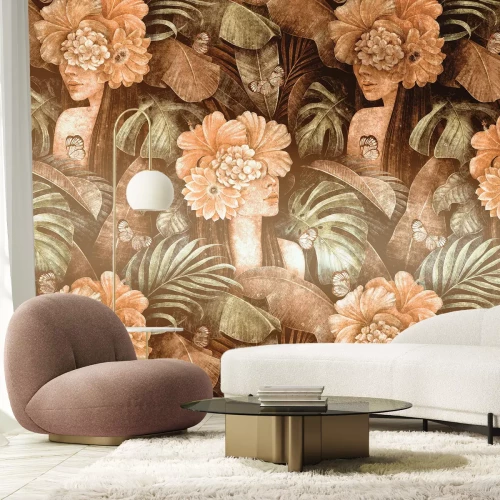 Fotobehang Vintage patroon met vrouwen tussen bloemen