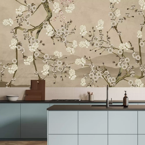 Fotobehang Bloeiende bloemen op boomtakken met een gestructureerde achtergrond