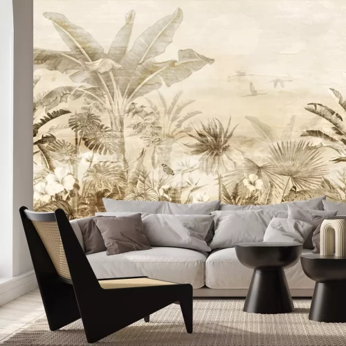 Fotobehang Vogels en junglelandschap in vintage stijl