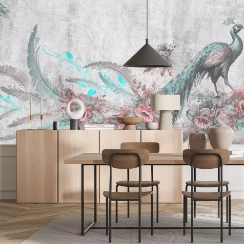 Fotobehang Pauw en bloemen op een getextureerde grijze achtergrond