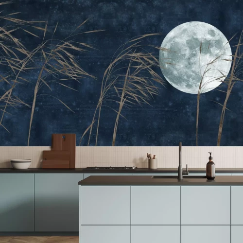 Fotobehang Volle maan en gras op een marineblauwe achtergrond