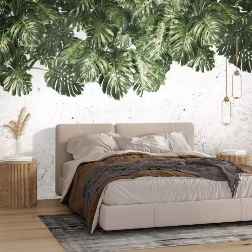 Fotobehang Groene monsterabladeren hangen erboven