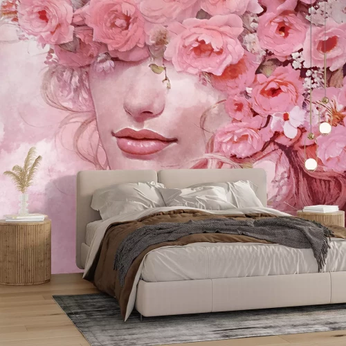 Fotobehang Roze portret van een vrouw met bloemen op haar hoofd