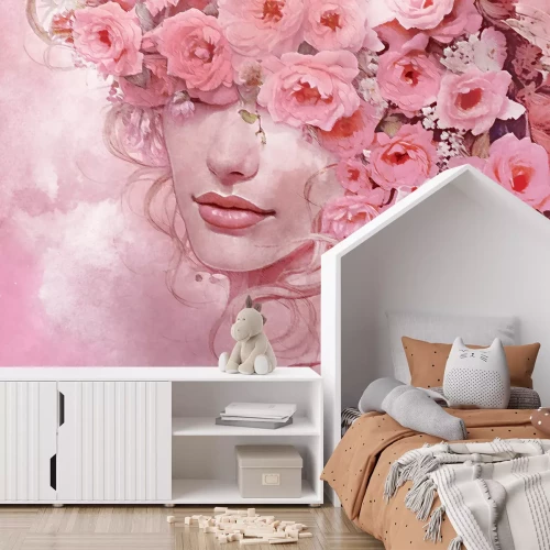 Fotobehang Roze portret van een vrouw met bloemen op haar hoofd