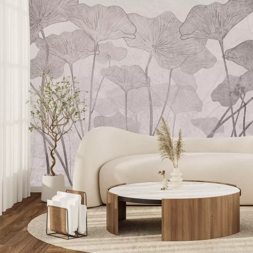 Fotobehang Monochroom bladpatroon met subtiele betontextuur