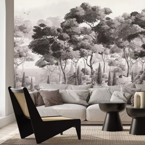 Fotobehang Monochroom landschap van een weelderig bos