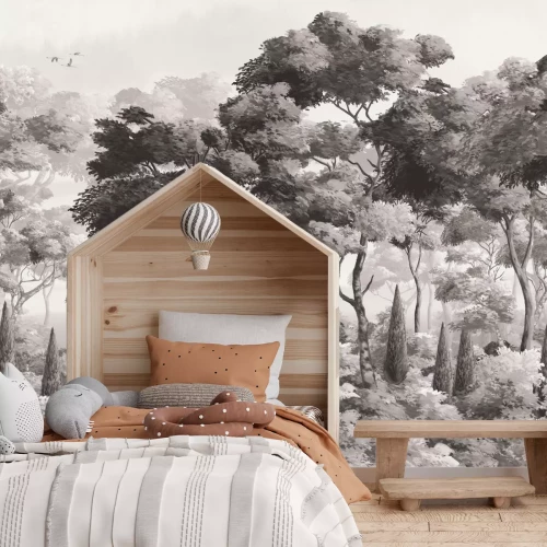 Fotobehang Monochroom landschap van een weelderig bos