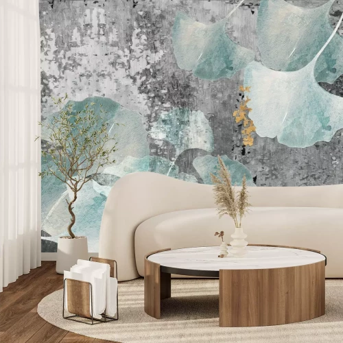 Fotobehang Blauwe Ginkgo-bladeren in moderne abstractie