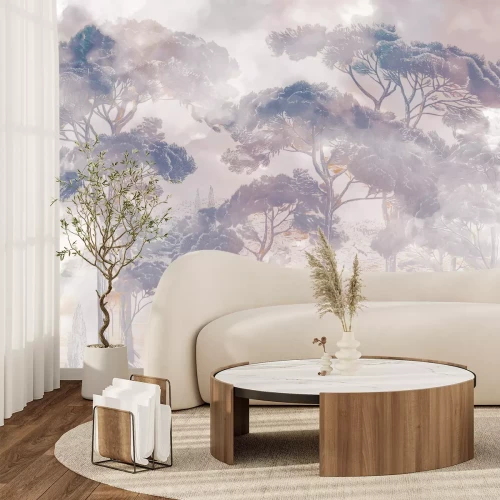 Fotobehang Bomen in het mistige natuurlijke landschap