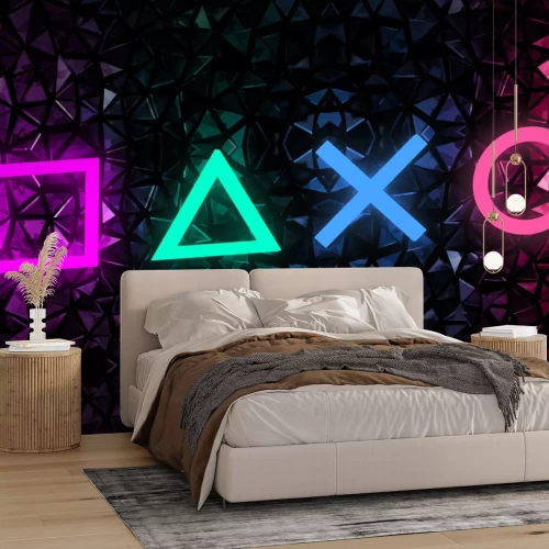 Fotobehang Neon spelsymbolen op een geometrische achtergrond