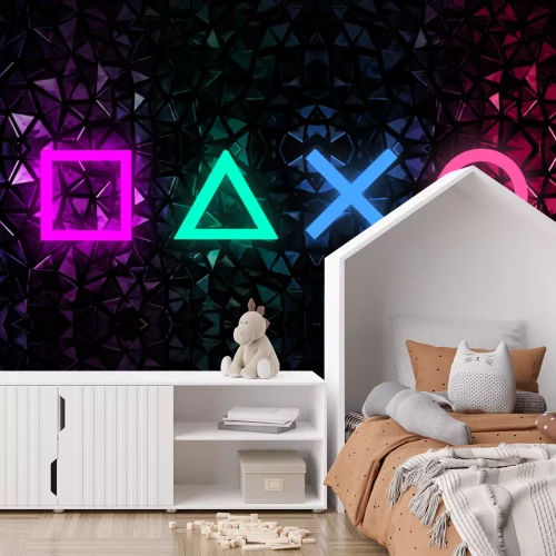 Fotobehang Neon spelsymbolen op een geometrische achtergrond