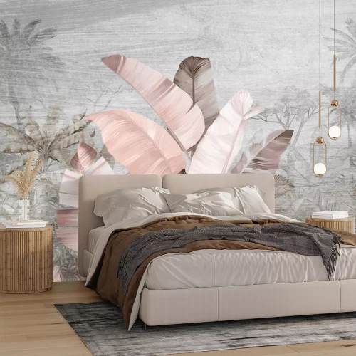 Fotobehang Pastelkleurige tropische bladeren op een grijze palmachtergrond