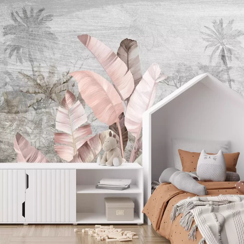 Fotobehang Pastelkleurige tropische bladeren op een grijze palmachtergrond