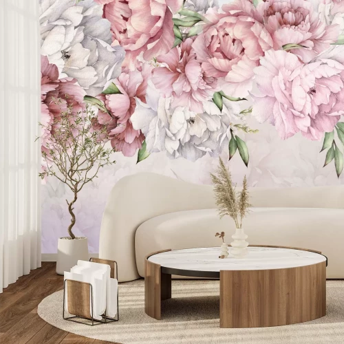 Fotobehang Poederachtige bloemen hangen van bovenaf tegen een lichte achtergrond