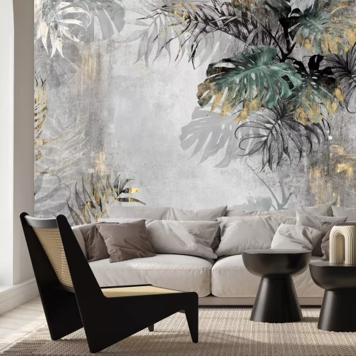 Fotobehang Een plantencompositie met monstera&#39;s op beton