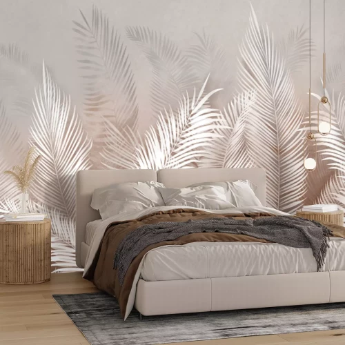 Fotobehang Een compositie van tropische palmbladeren op een pastelkleurige achtergrond