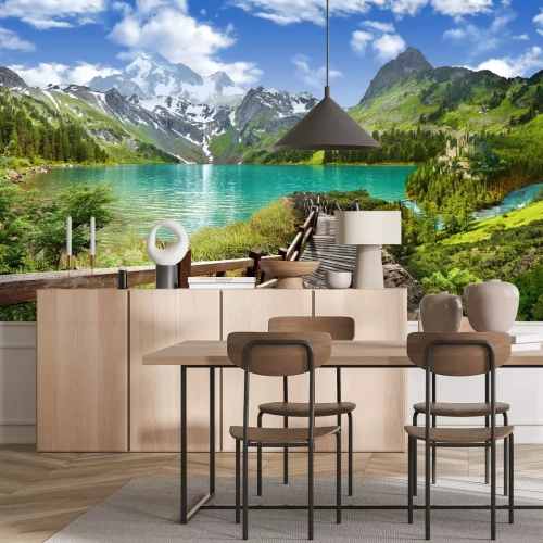 Fotobehang Landschap van een houten afdaling naar een bergmeer