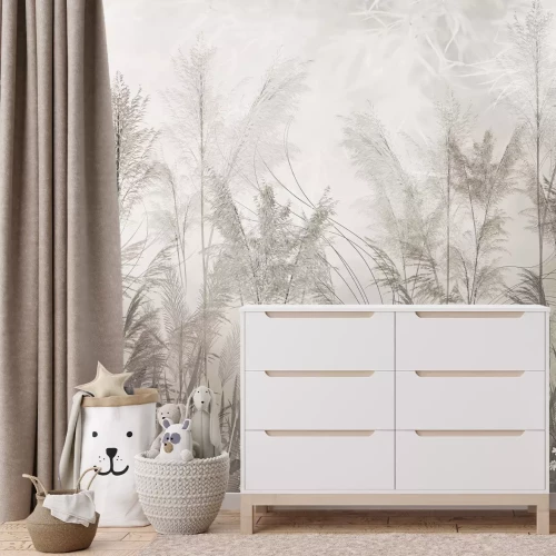 Fotobehang Botanische samenstelling van beige grassen en witte bloemen