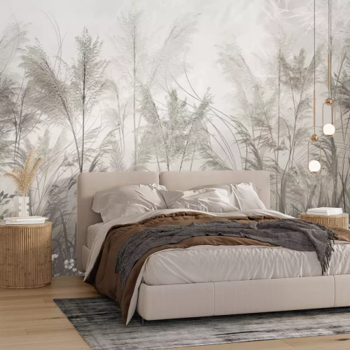 Fotobehang Botanische samenstelling van beige grassen en witte bloemen