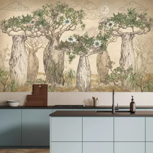 Fotobehang Afrikaans Baobab Landschap Vintage Stijl