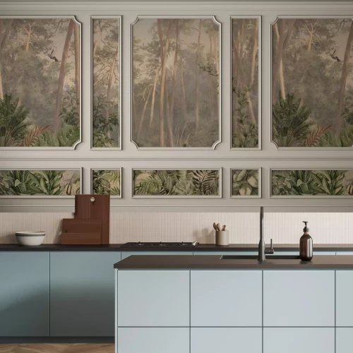 Fotobehang Een compositie met een bos in stucwerk