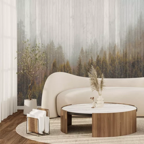 Fotobehang Mysterieuze compositie met mistig bos en houteffect