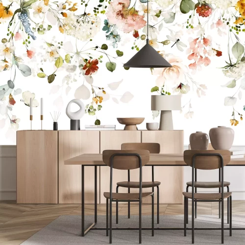 Fotobehang Een compositie van aquarelbloemen en bladeren