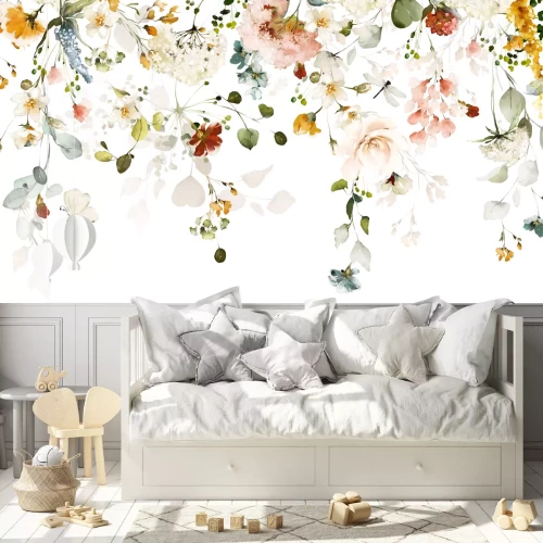 Fotobehang Een compositie van aquarelbloemen en bladeren