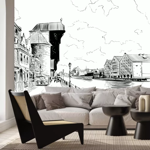 Fotobehang Zwart-wit architectuur in Gdansk schets