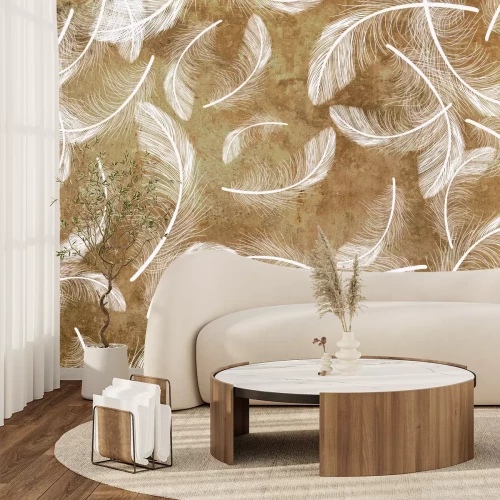 Fotobehang Witte veren op betonnen compositie