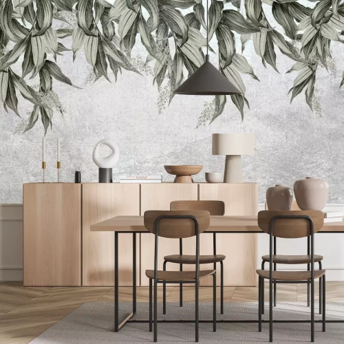 Fotobehang Muurschilderingcompositie met bladeren op een gestructureerde achtergrond