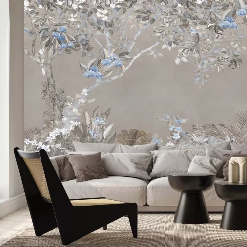 Fotobehang Blauwe bloeiende bomen en papegaaien