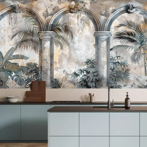 Fotobehang Een muurschildering met zuilen en architectonische bogen tussen palmbomen