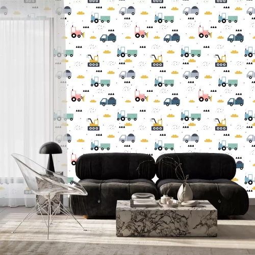 Behang Vrachtwagens karren graafmachines en wolken patroon voor kinderen