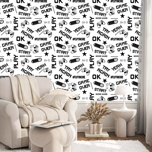 Behang Zwart wit pixels en teksten gaming patroon