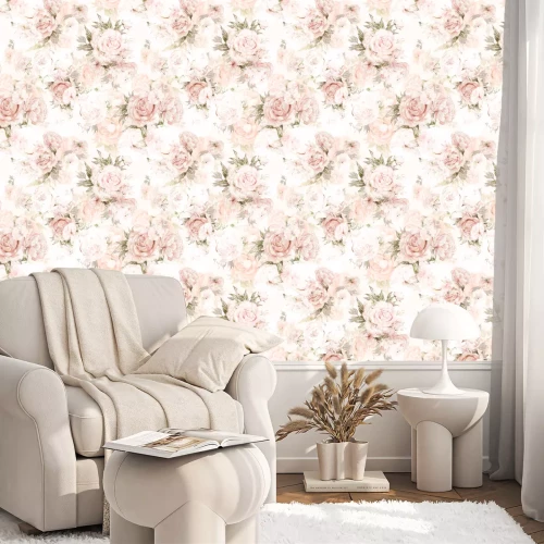 Behang Pastelkleurige pioenen bloemen en bladeren