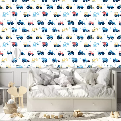 Behang Tractoren en graafmachines tussen blauwe sterren