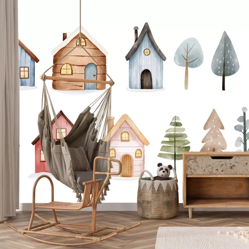 Sticker Aquarelhuizen en bomen in Scandinavische stijl