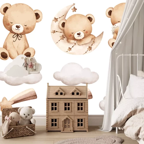 Sticker Slapende teddyberen wolken en sterren in pastelkleuren