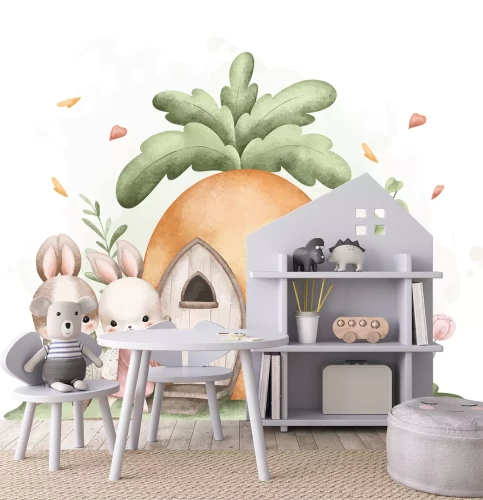 Sticker Schattige konijntjes en een sprookjesachtig wortelhuisje
