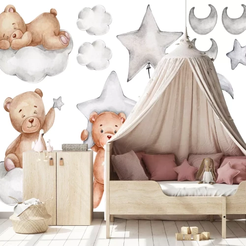 Sticker Aquarel teddyberen wolken sterren en manen