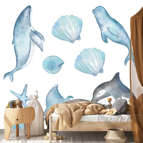 Sticker Zeedieren walvis dolfijn orka en zeesterren