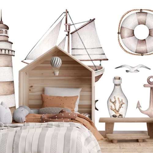 Sticker Nautische illustratie van een schip, vuurtoren en anker