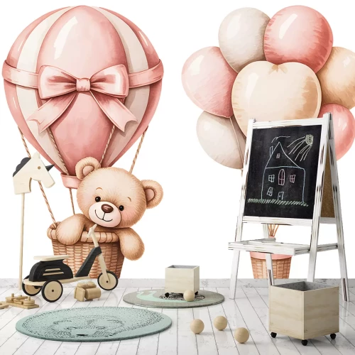 Sticker Een schattige teddybeer en roze ballonnen