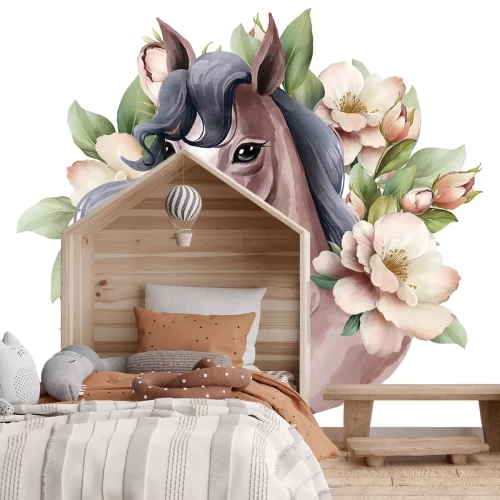 Sticker Aquarelpaard tussen bloemen